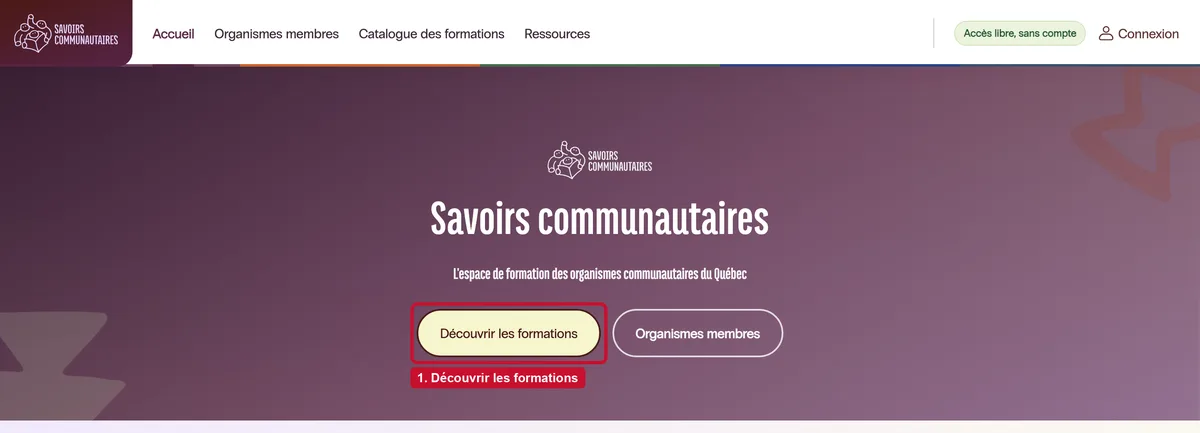 L'accueil de la plateforme et son bouton « Découvrir les formations ».