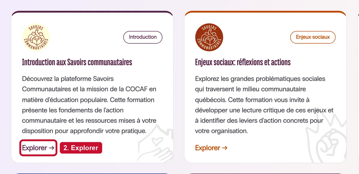 Une carte de formation et son lien « Explorer ».