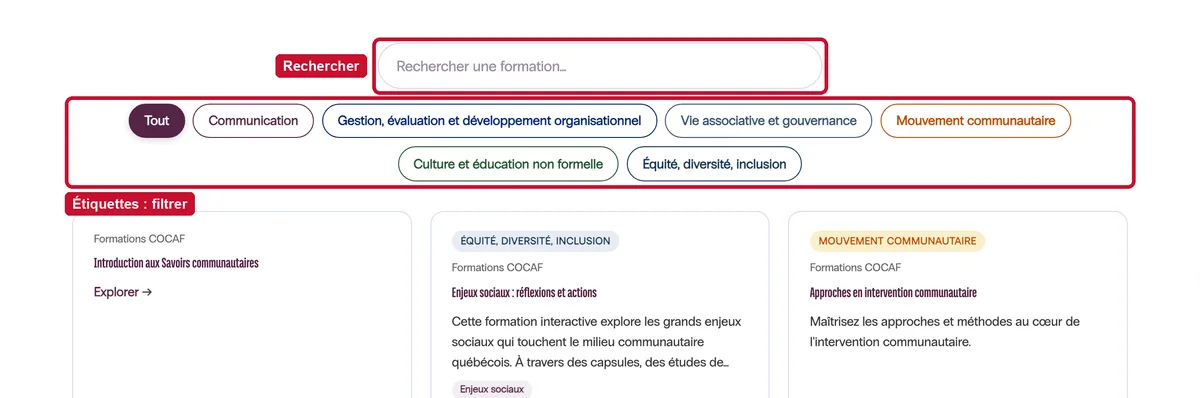 Le Catalogue des formations : la recherche et les étiquettes de filtre.