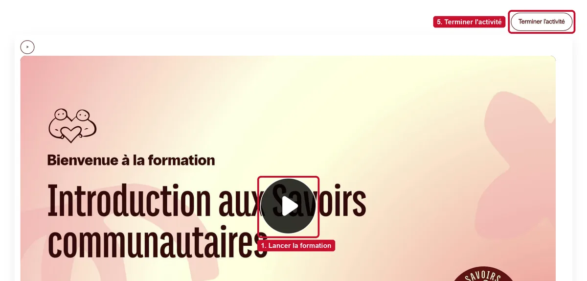 L'écran de départ d'un module : le bouton ▶ au centre, et « Terminer l'activité » en haut à droite.