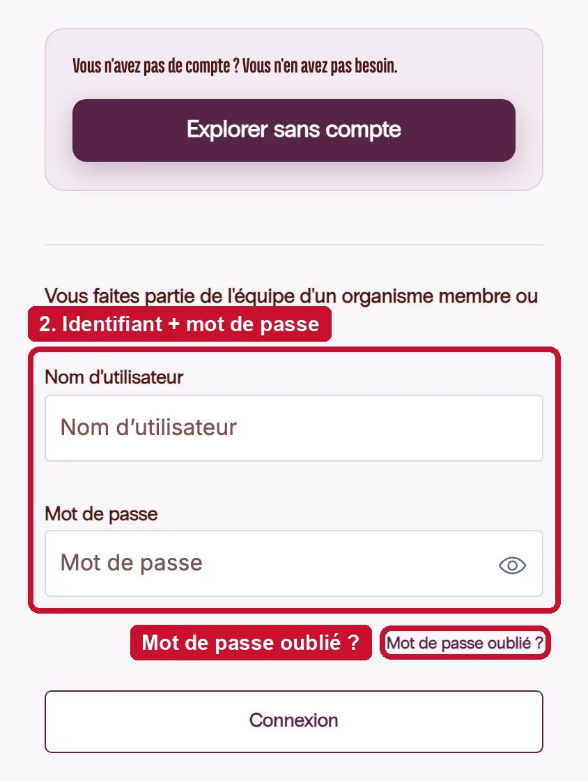 Le formulaire de connexion, sous le bouton des visiteurs, et le lien « Mot de passe oublié ? ».