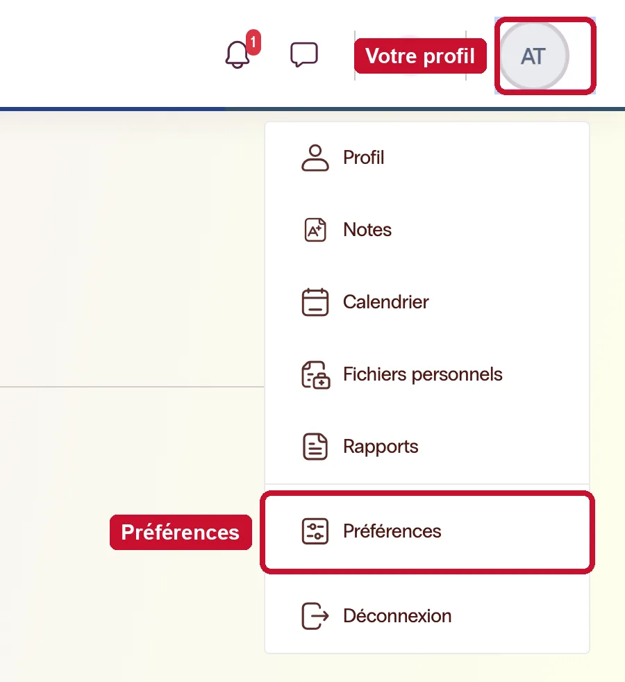 Le menu du profil (vos initiales, en haut à droite) et son entrée « Préférences ».