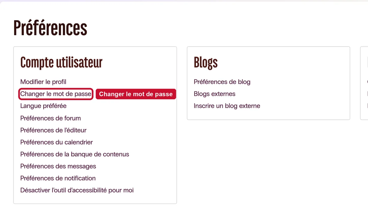 La page Préférences et le lien « Changer le mot de passe ».