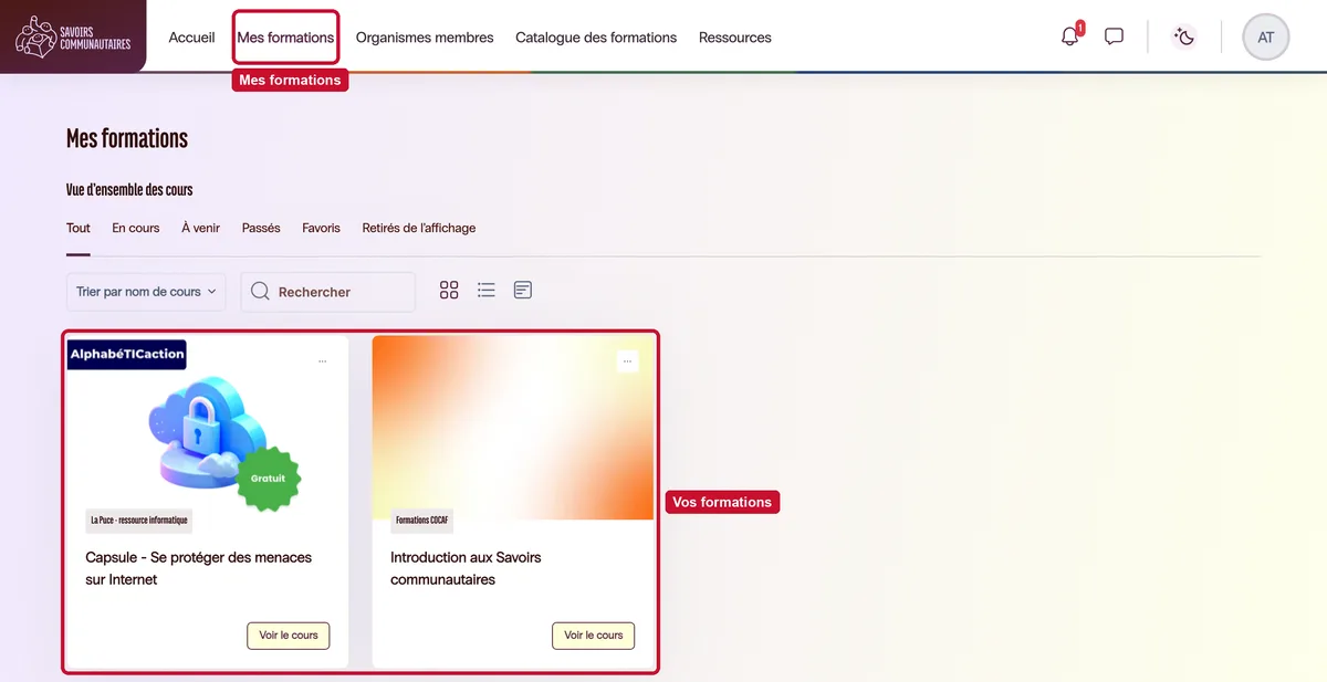 « Mes formations » dans le menu du haut, et les formations où l'on est inscrit.