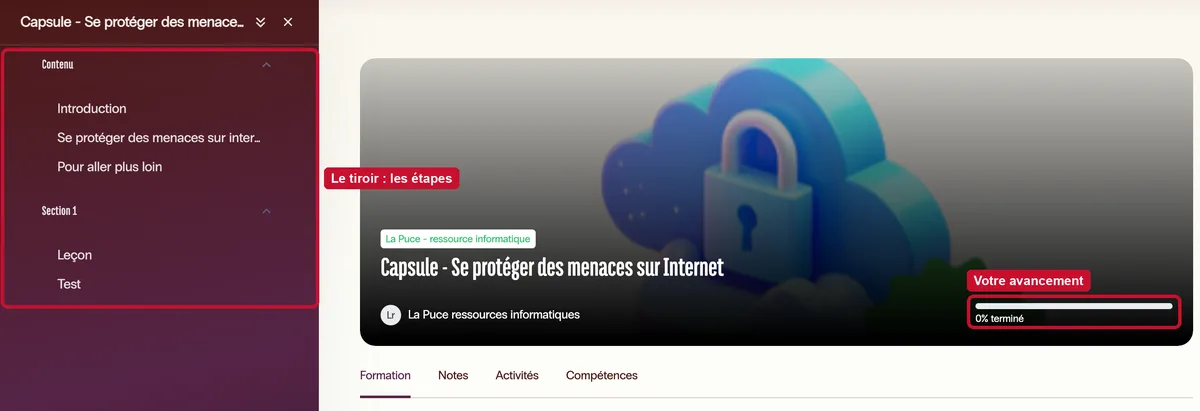 Dans une formation : le tiroir de gauche qui liste les étapes, et l'avancement dans l'en-tête.